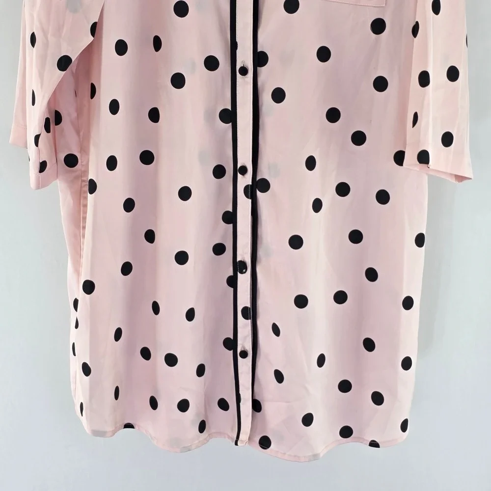 Kate Spade Sleep Shirt Womens Large Pink Polka Dot Satin Button Down Piping 6194